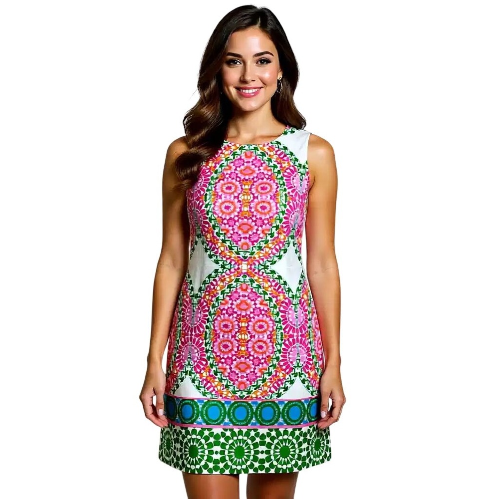 London Times Pink Green Geometric Medallion Print Sleeveless Shift Dress 14 NWT